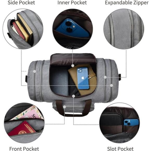 Expandable Duffle Bag for Men, Grey - Picture 4 of 6